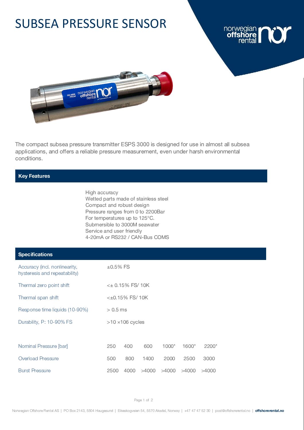 Nor Ds Subsea Pressure Sensor Norwegian Offshore Rental